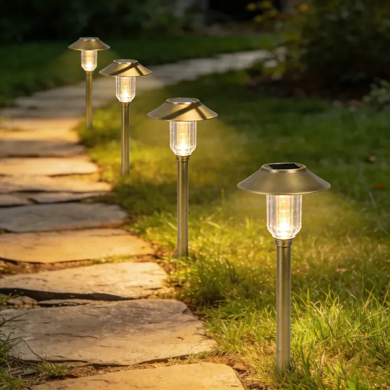 Path lighting along garden walkway