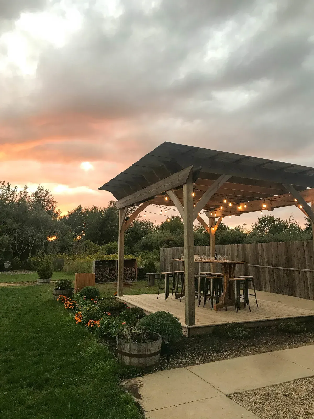 Outdoor living suite at dusk