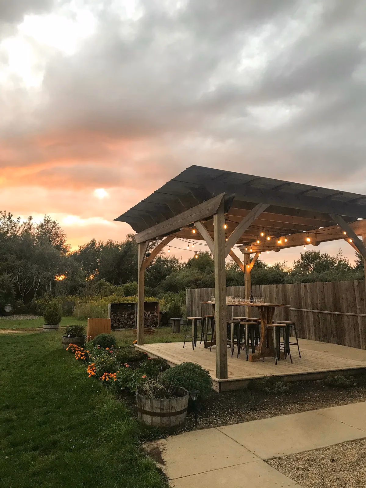 Outdoor living suite at dusk