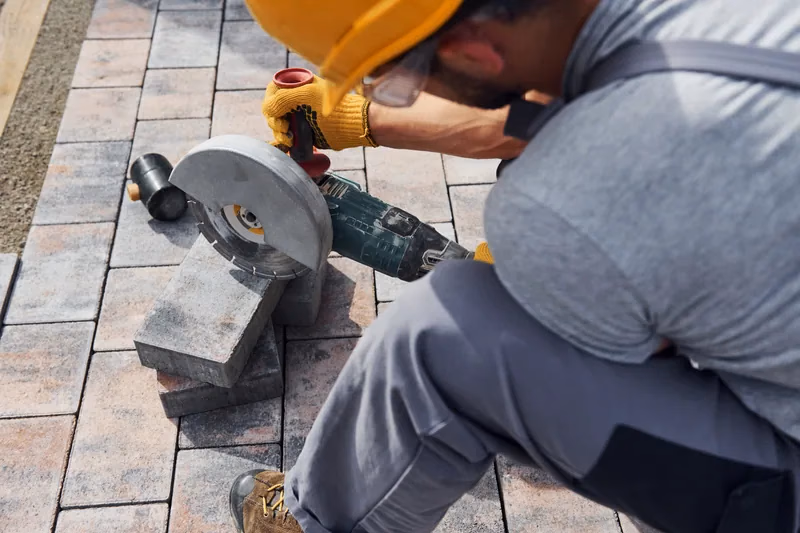 Poured concrete patio with saw-cut grid