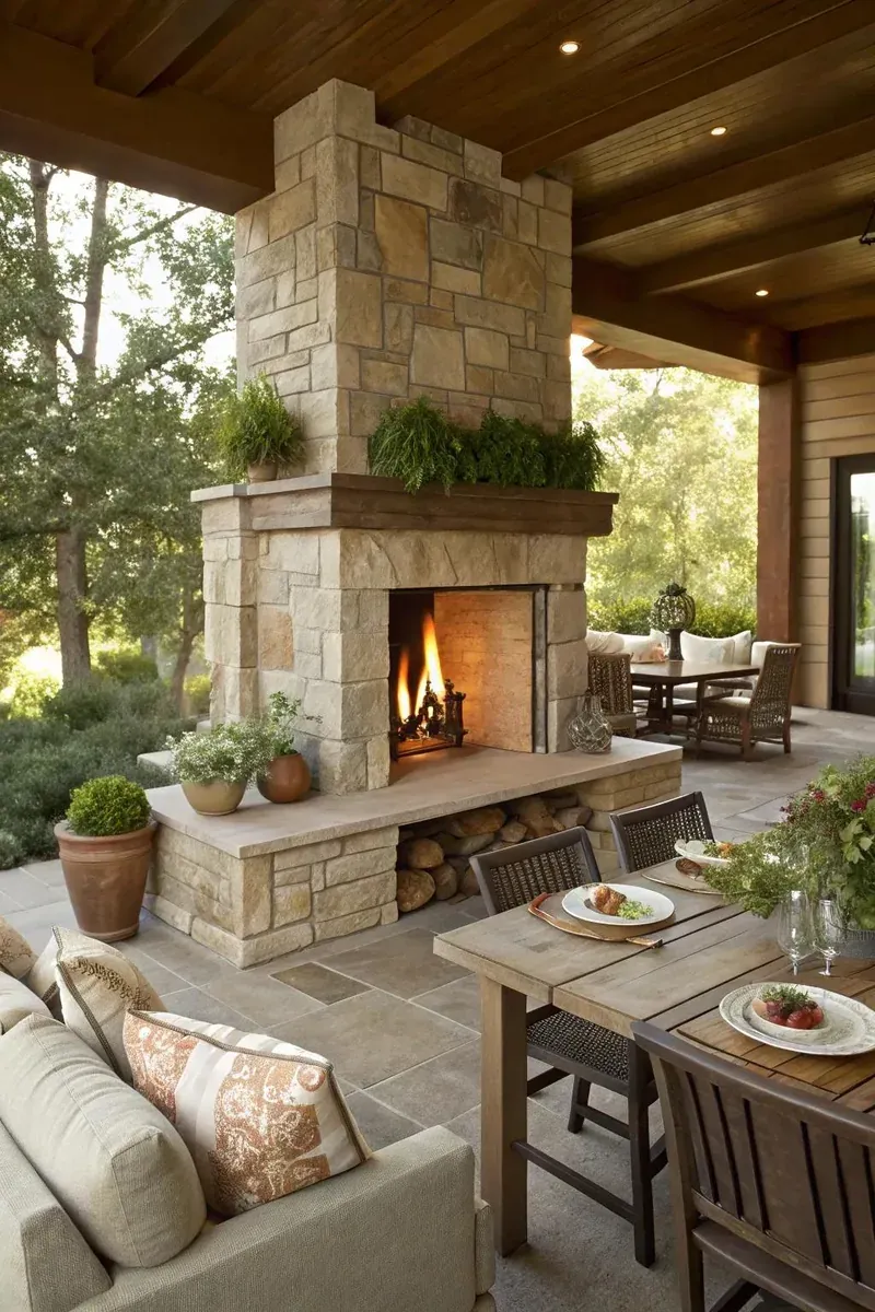 Outdoor wood-burning hearth with stone surround