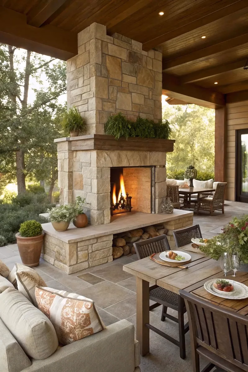 Outdoor wood-burning hearth with stone surround