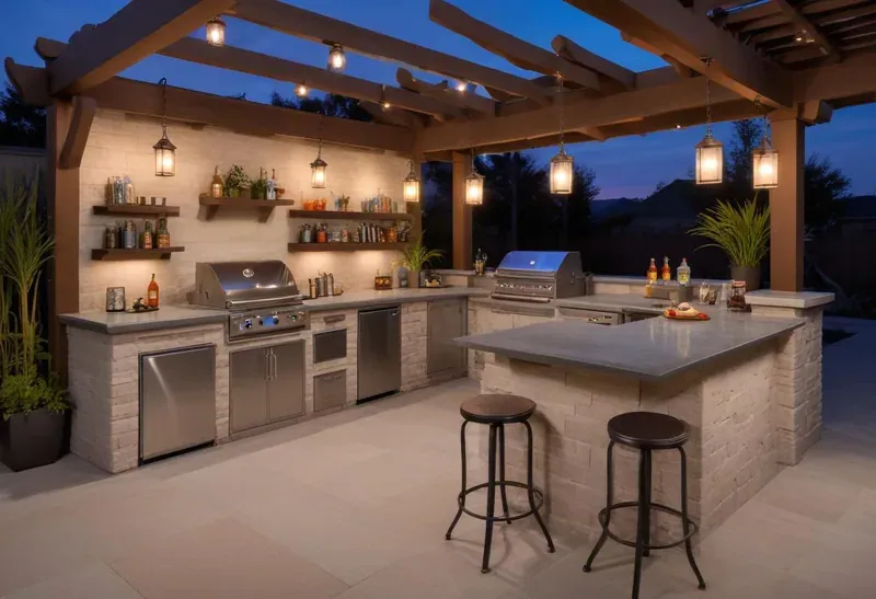 U-shape outdoor kitchen with bar seating