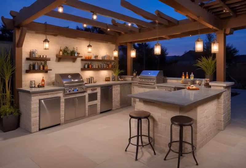 U-shape outdoor kitchen with bar seating
